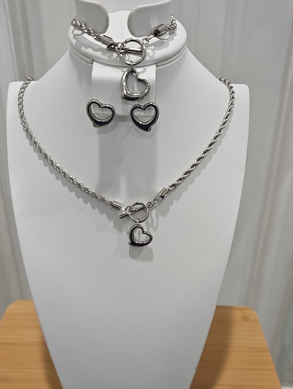 Silver Heart Charm Necklace, Bracelet & Earring Set